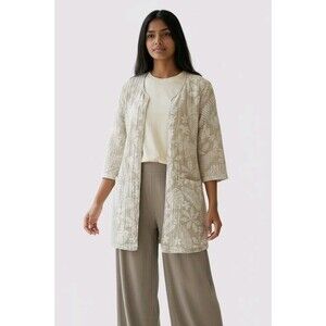 Tahari Linen Cotton Longline Jacket Womens Sz L Neutral Tropical Lightweight